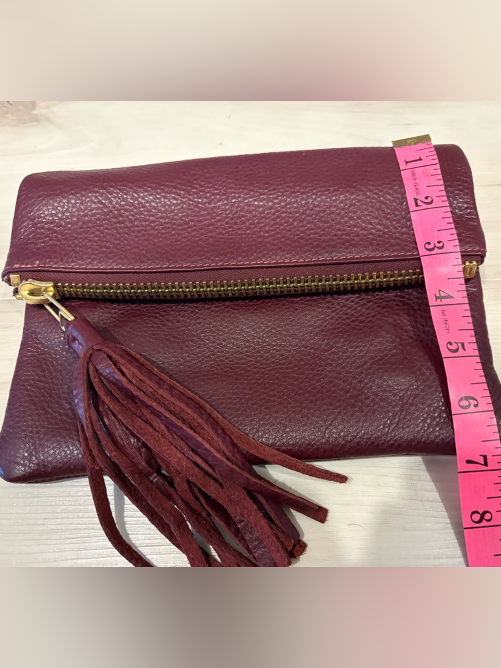 Roots Genuine Leather Fold-Over Top Zip Crossbody Bag Tassel Burgundy - Picture 12 of 15